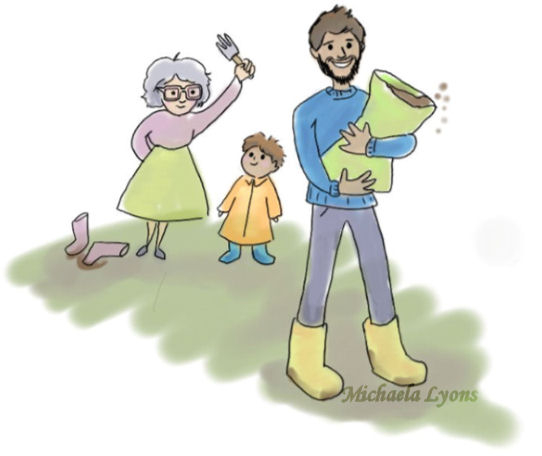an illustration of a man carrying a bag of compost followed by an elderly lady and young boy