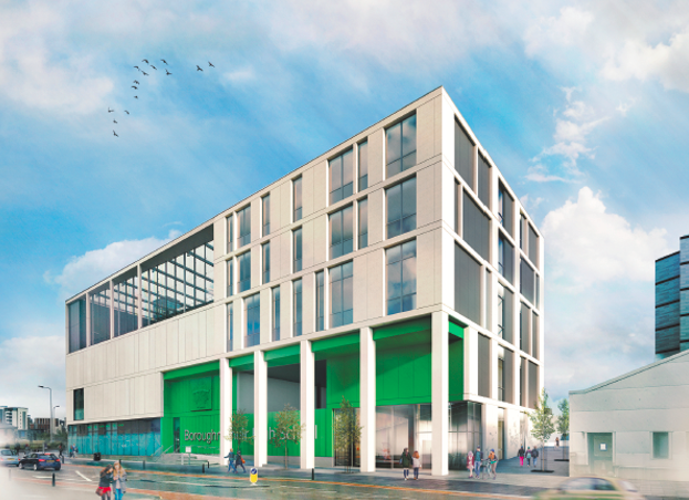A digital representation of the new building exterior