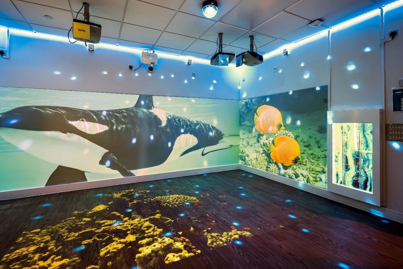 A room with projectors displaying images on the walls and floor of a whale, fish and coral, a light panel is on the right side wall